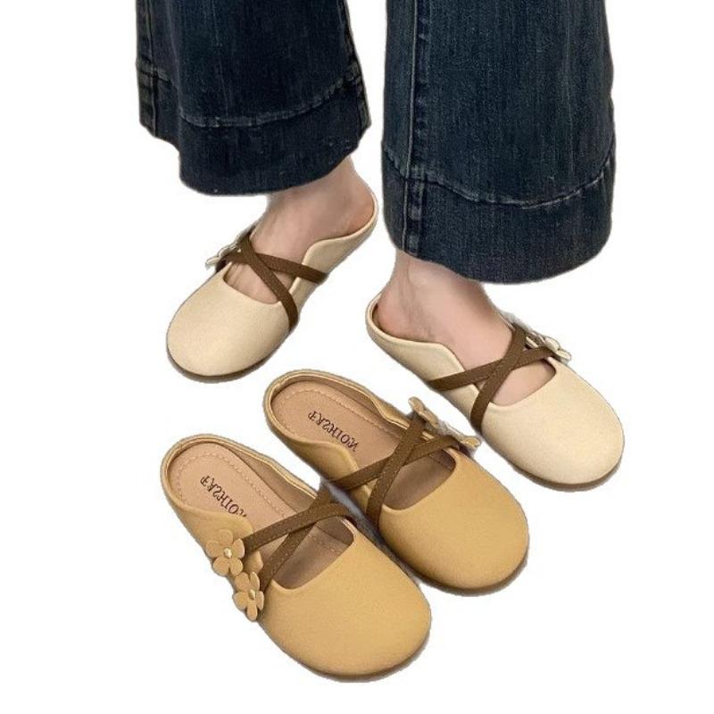 Summer Bag Head Flat Bottom One Pedal Lazy Shoes New Round Head Flower Half Slippers with Skirt Versatile Slippers