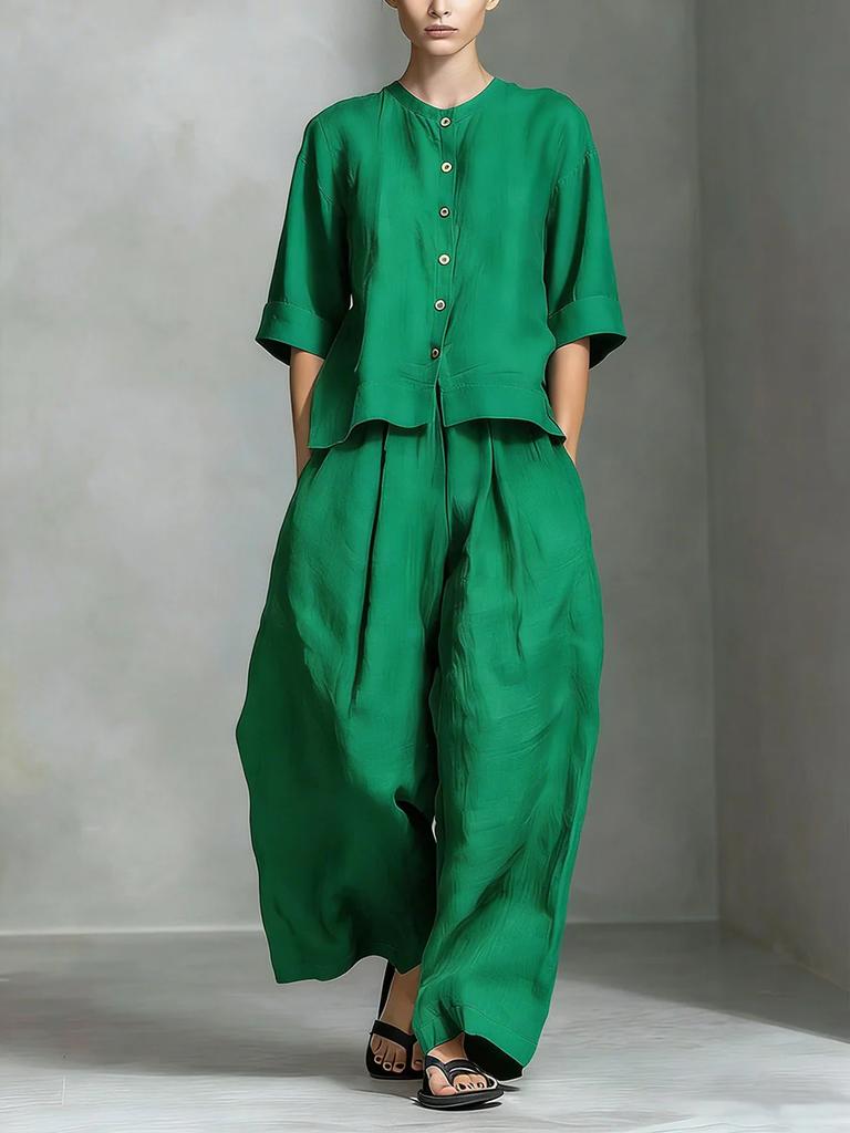 Completo Due Pezzi Donna Primavera/Estate Nuovo Casual Cotone Lino Camicia Pantaloni Larghi