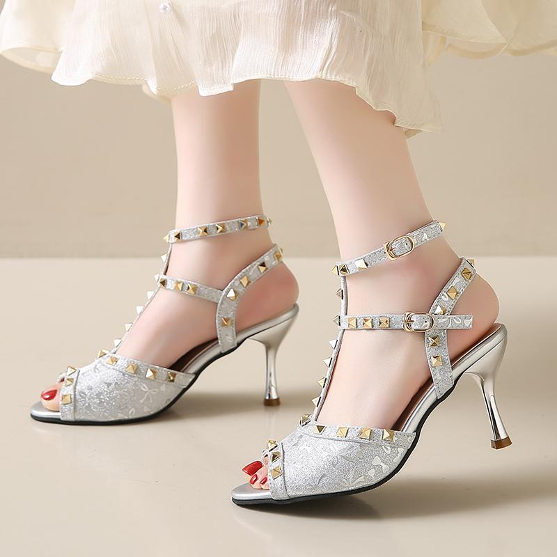 Summer Fish Mouth Sandals Women Round Head Shallow Mouth Rivet Metal Buckle Non-slip Wear-resistant High Heels