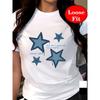 European Size Women's Plus Size Short Sleeve Round Neck T-Shirt - Star Print Blouse, -Line Casual Summer Top with Short Sleeves