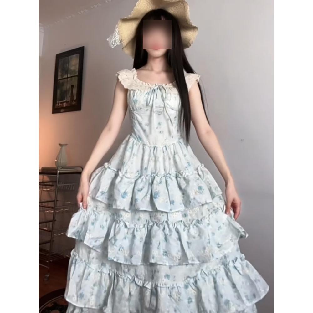 

Платье с цветочным принтом и маленькими рукавами-крылышками уникальное, красивое, милое, с пышной талией А-силуэта, летнее XL- (recommended 110-60kg) синий