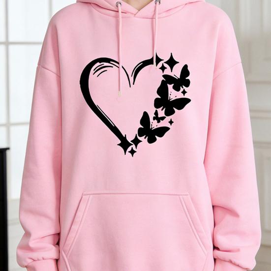 Women's Graphic Hoodie Heart Butterfly Print Drawstring Long Sleeve Pullover Sweatshirt Fall Casual Oversized Hooded Top with Pocket
