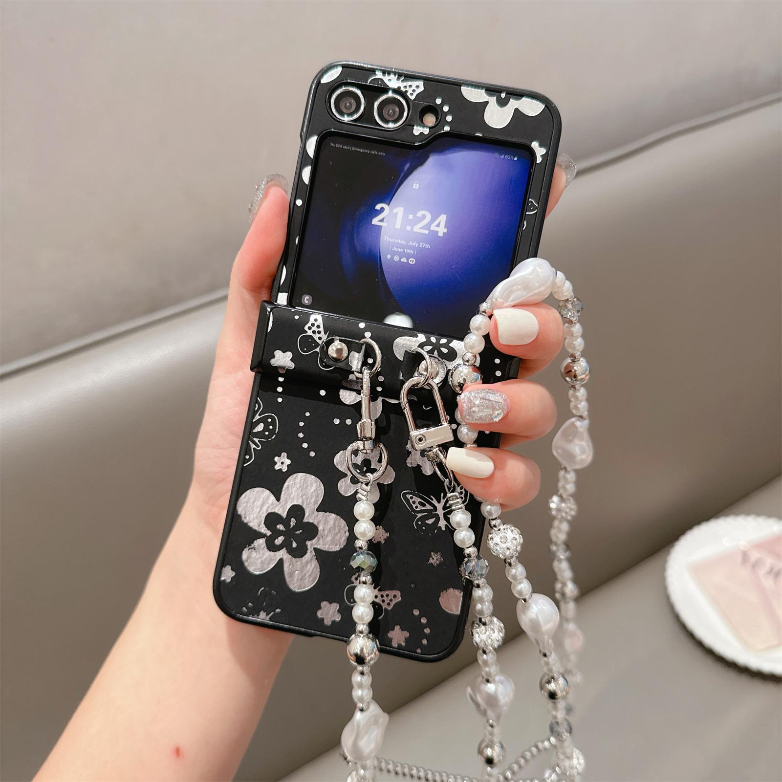 

For Samsung Galaxy Z Flip7 FE 5G/Z Flip6 5G Case Butterfly Pattern Leather+PC Phone Cover with Crossbody Beaded Strap Black
