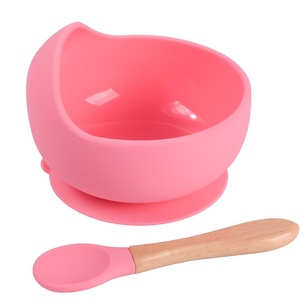 Silicone Baby Bowl & Spoon Set with Wooden Handle and Suction Cup