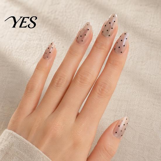 Black Dot Fake Nails 24Pcs Polka Dots Press on Nails, Long Almond Stick-on On Glossy Full Cover Glue False for Women Girls Comfortable