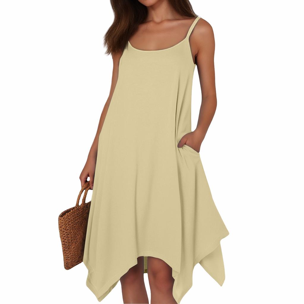 Women's Summer Casual Solid Color Round Neck Adjustable Suspender Dress With Pockets