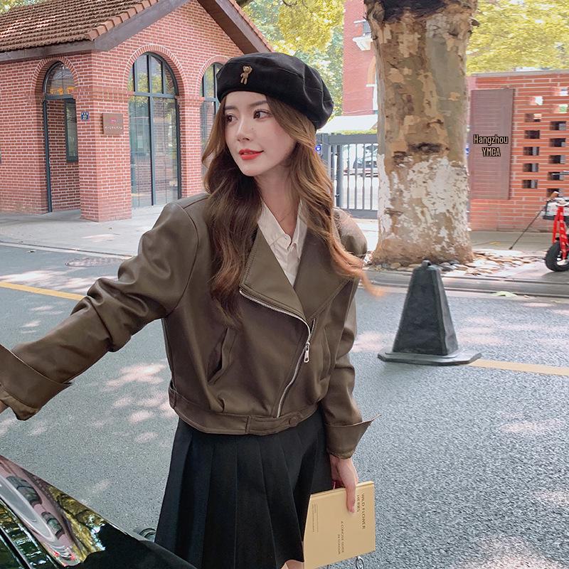 2024 Women's Pink Leather Motorcycle Jacket: Korean-Style, Trendy Short Street Fashion