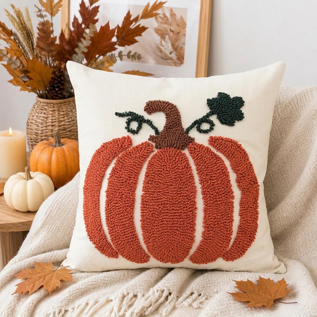 Fall Towel Embroidered Pumpkin Throw Pillowcase Cojines Thanksgiving Sofa Decorative Cushion Cover Halloween Square Pillow Cover