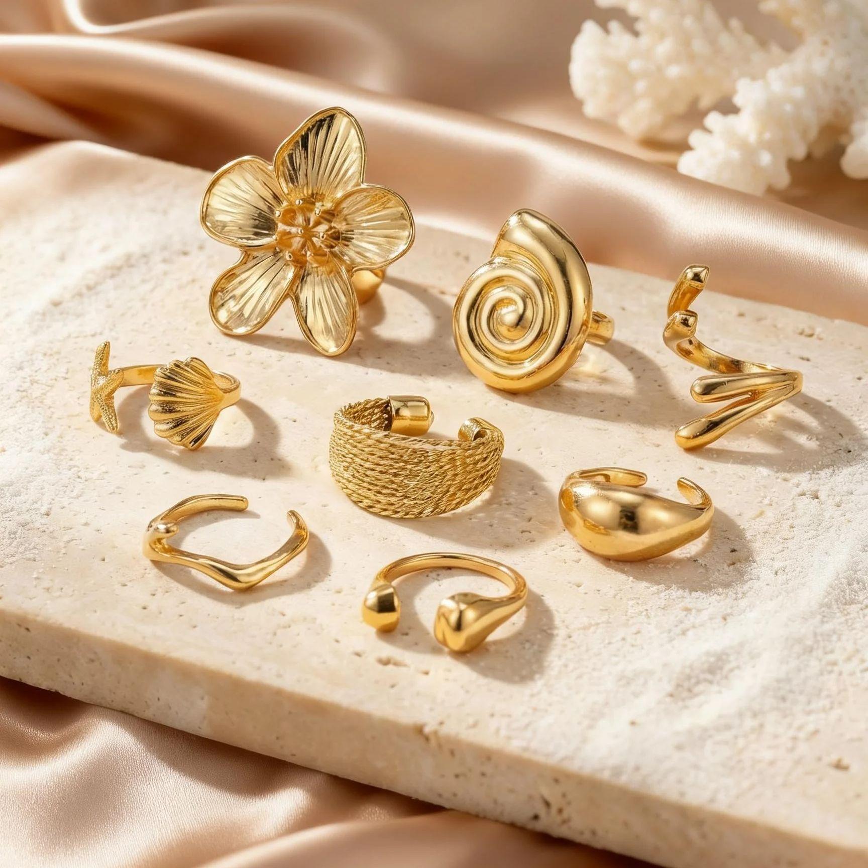

8pcs/set Retro Gold Plated Smooth Geometric Line Open Ring for Women, Fashion Flower Conch Starfish Boho Ring Set Ocean Vacation