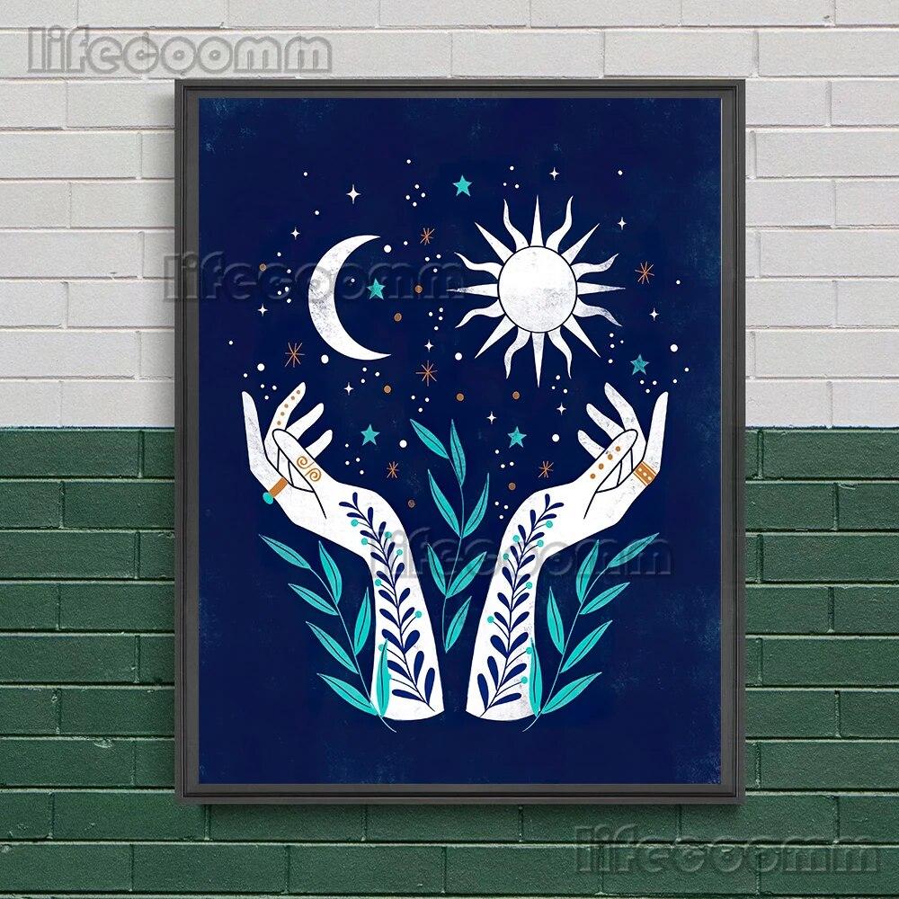 2023 księżycowa faza księżyca i magiczna ćma obraz ścienny na płótnie wąż, roślina, księżyc, elementy czarów plakat artystyczny dekoracja z nadrukiem bez ramki