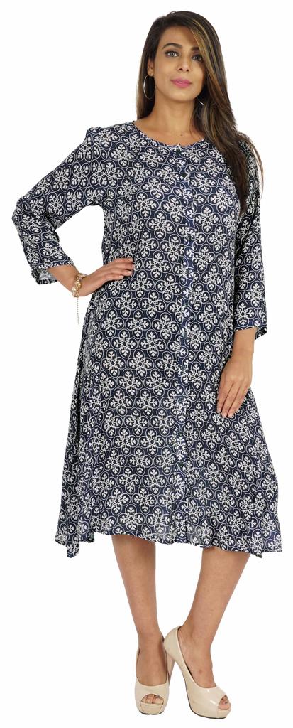 Bimba Printed Flared Midi Dress For Women Rayon Crepe Casual Summer Dress