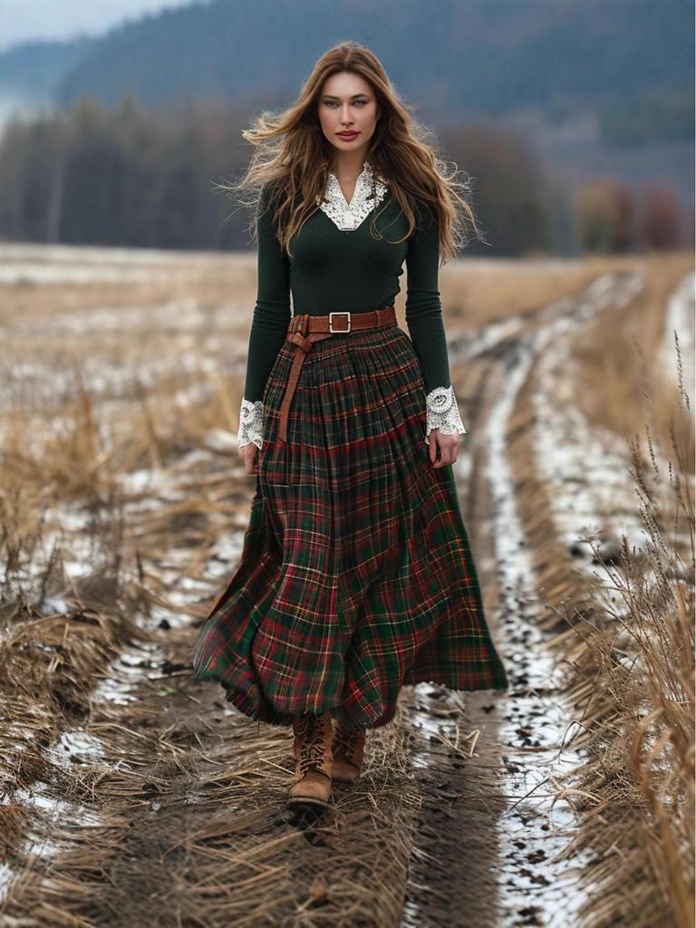 European & American Women's Retro Plaid Midi Skirt - High Waist, Plus Size, Large Hem (2025)