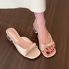 Transparent crystal thick heel bow satin French cool slippers women's shoes outer wear 2025 summer medium and high heel sandals
