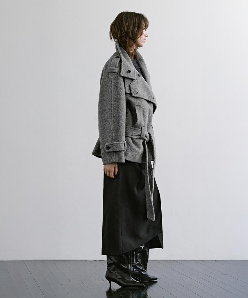 TREEMINGBIRD High-Neck Convertible Belted Half Coat [ Gray ]