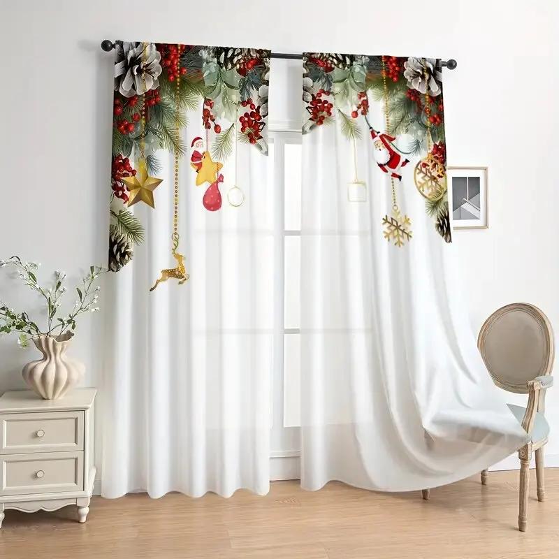 2pcs Christmas Venus printed curtains: suitable for living room/daily use   pole type translucent gauze curtains