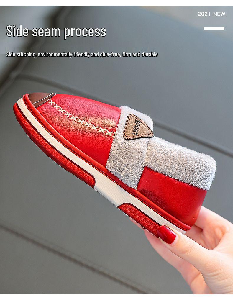 Waterproof Non-Slip Winter Warm Cotton Slippers with Velvet & PU Leather for Men, Women, & Kids