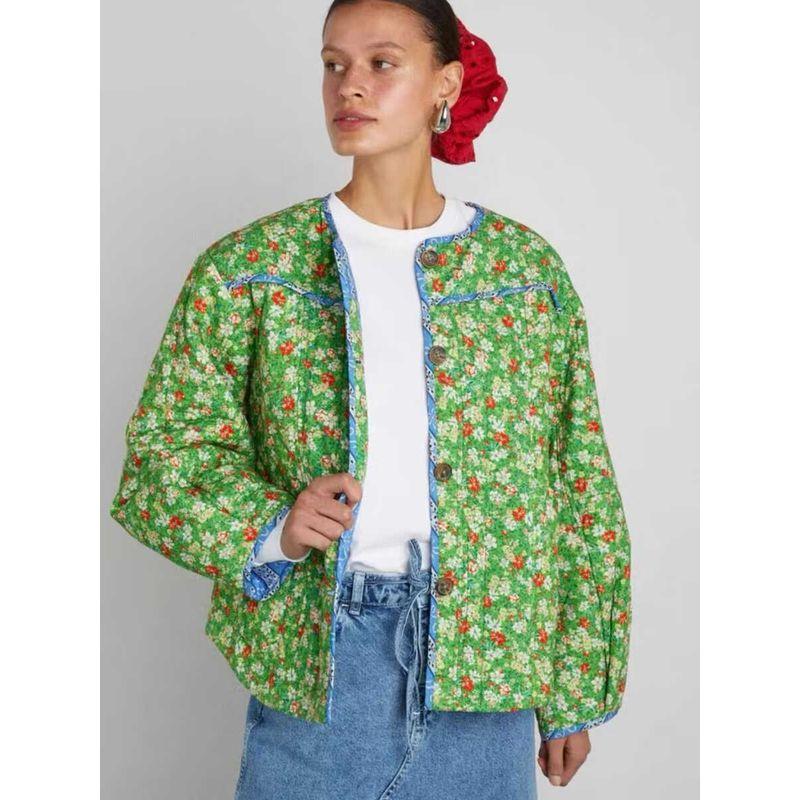 

Atlantis American Style Gyaru Retro Idle Style Floral All-Match Casual Loose Cotton-padded jacket Single-Breasted Outerwear Green floral L