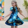 Girls Round Neck Flutter Sleeve A Line Flared Dress Blue Black Gold Printed