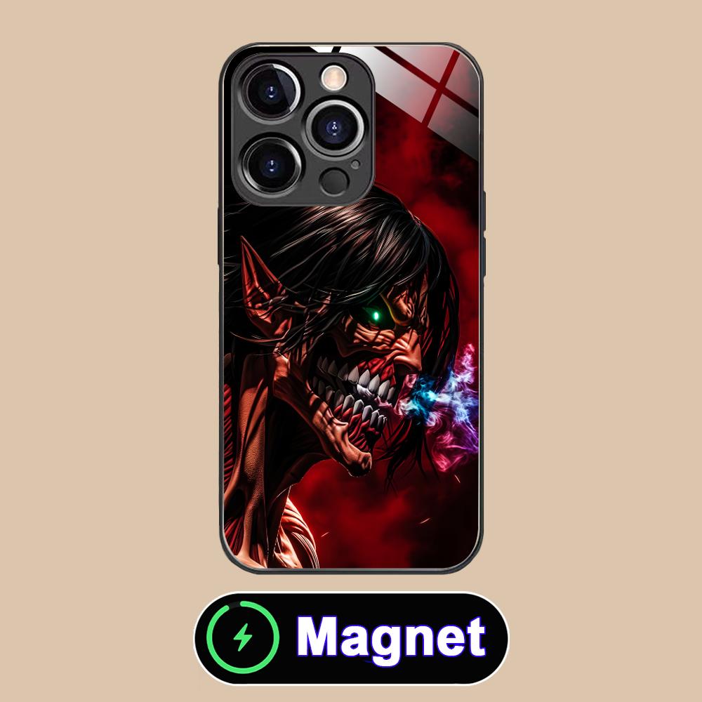 AOT Eren Yeager Glass MagSafe Mobile Phone Case for iPhone 17 16 15 14 13 12 11 Air Pro Max Plus Mini Colorful Cover