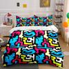 3Pcs Multicolor Graffiti Cartoon Letter Bedding Set,Black Base Abstract Tag Print Duvet Cover 2 Pillowcases Single Double,Gift
