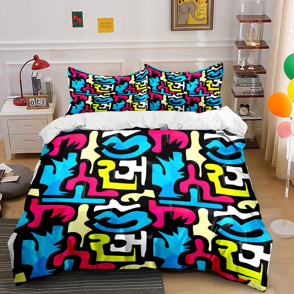3Pcs Multicolor Graffiti Cartoon Letter Bedding Set,Black Base Abstract Tag Print Duvet Cover 2 Pillowcases Single Double,Gift