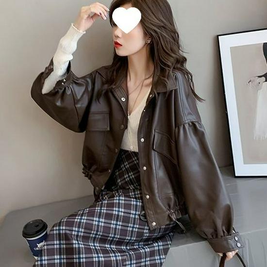 Women's Fashionable Loose Leather Motorcycle Jacket with Shirt Collar and Drawstring - Korean Style