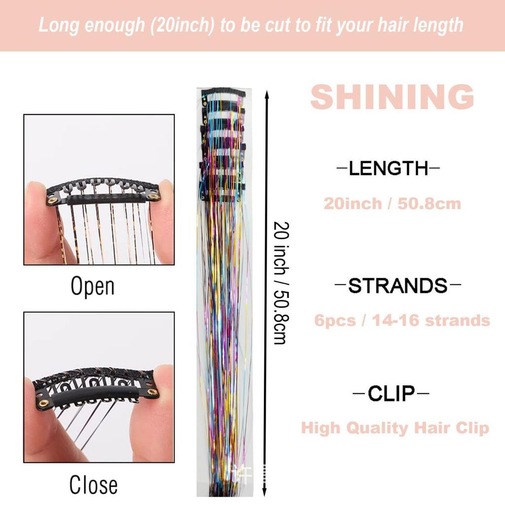 12 Pieces Laser Gold Hair Extensions 50cm , Metallic Rainbow Clip-in Hair Wefts, Shiny Synthetic Hair Strands for Party Festival