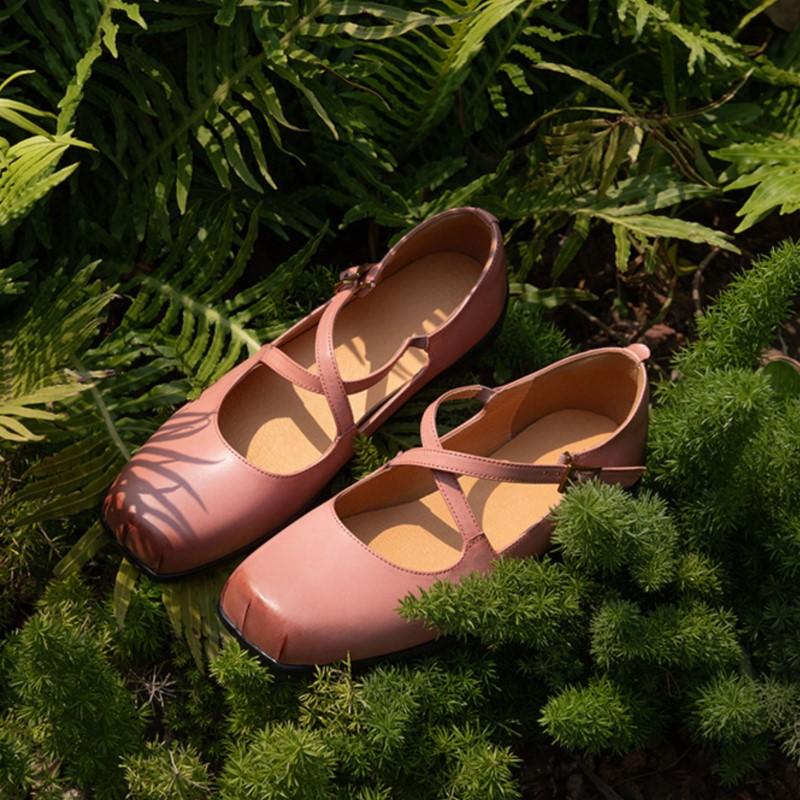 Johnature Genuine Leather Square Toe Mary Janes Shoes Retro Soft Sole Comfortable Buckle Women's Shoes