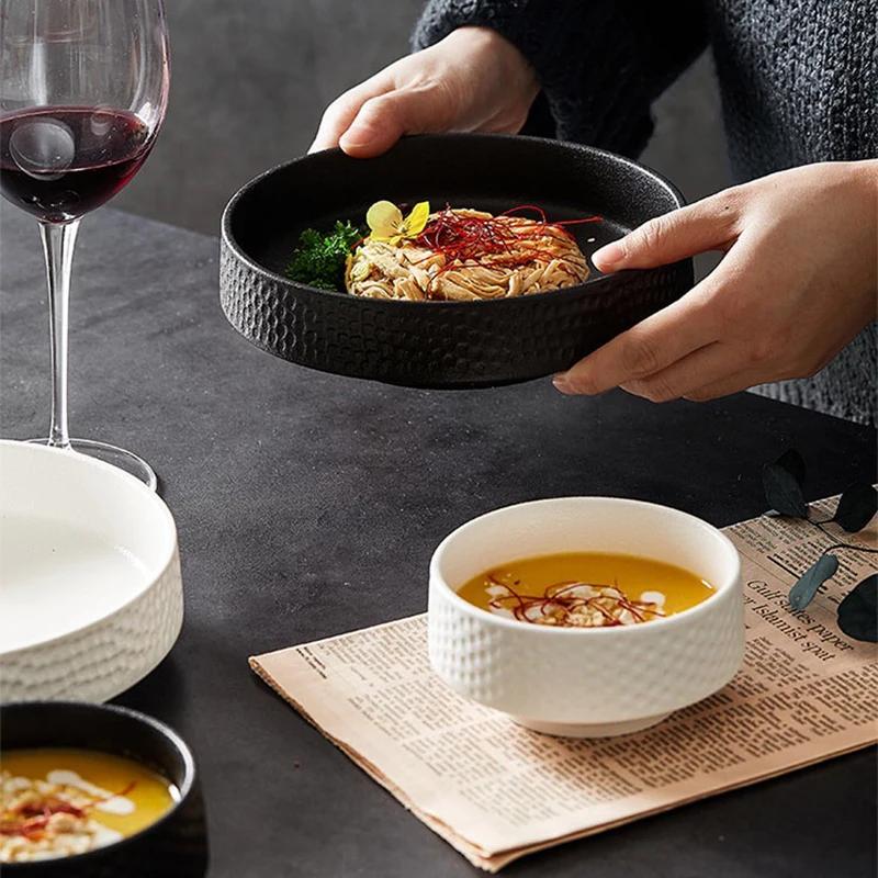 Ceramic Soup Bowl White Black Hammer Eyed Deep Dish Fruit Bowl  Baked Rice Sushi Plate Salad Bowl Round Platter Tableware Plate