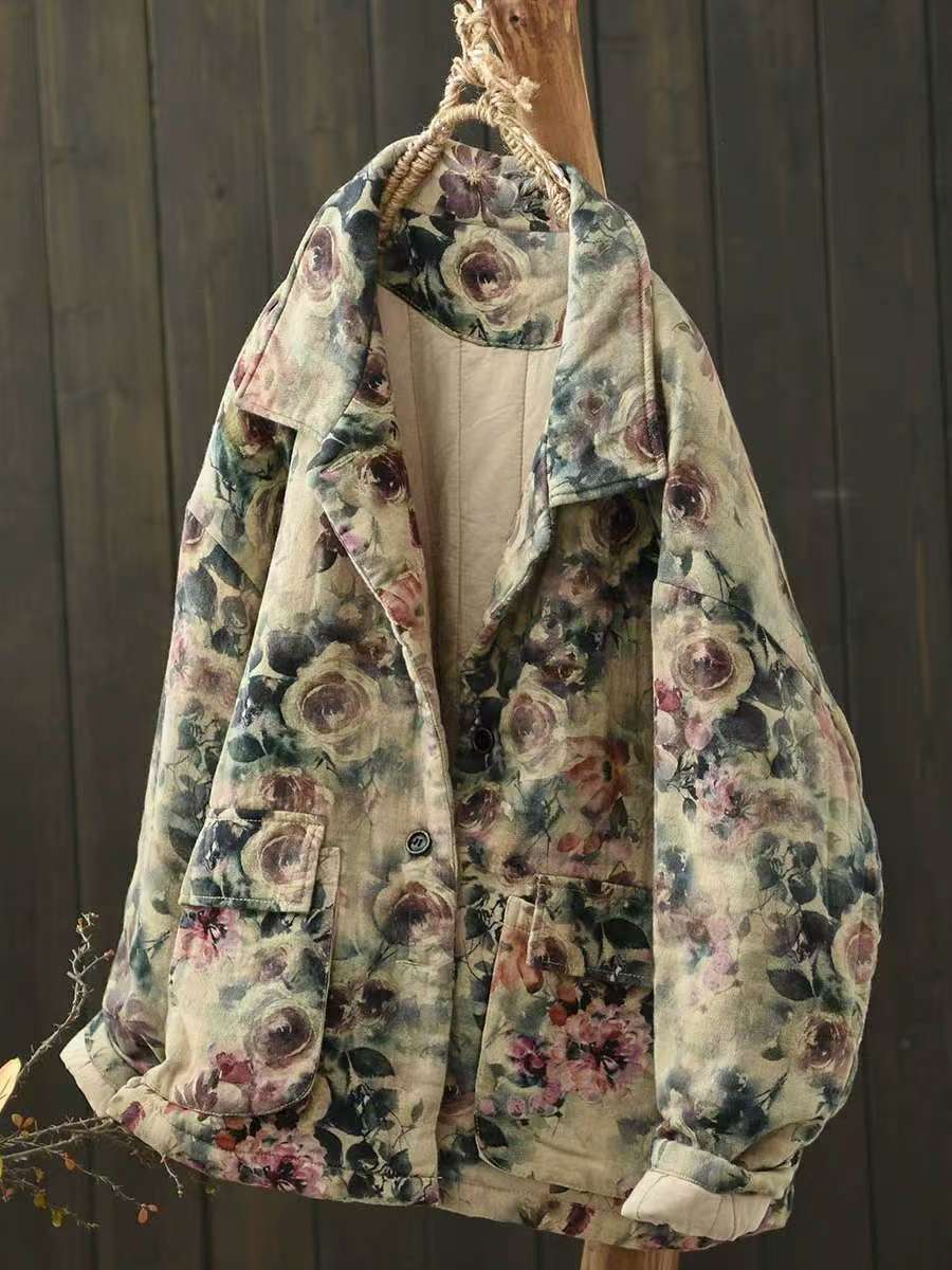 

Johnature Винтаж Отложной воротник Принт Свободный Индивидуальный Женский Зимний Длинные рукава Однобортный Пальто One Size зелёный