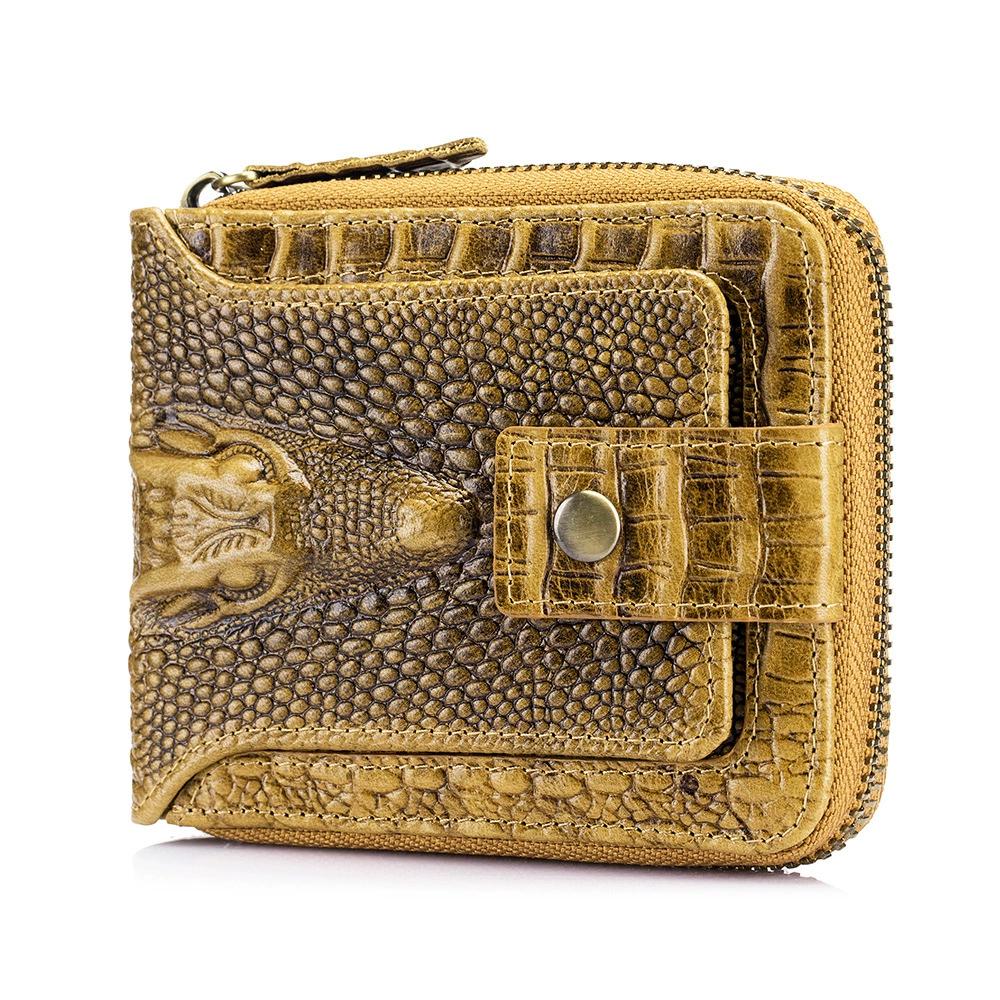 LAOSHIZI Men's Genuine Leather Crocodile-Embossed Wallet RFID Blocking Multi-Card Slots & Photo Holder Horizontal Bifold Design