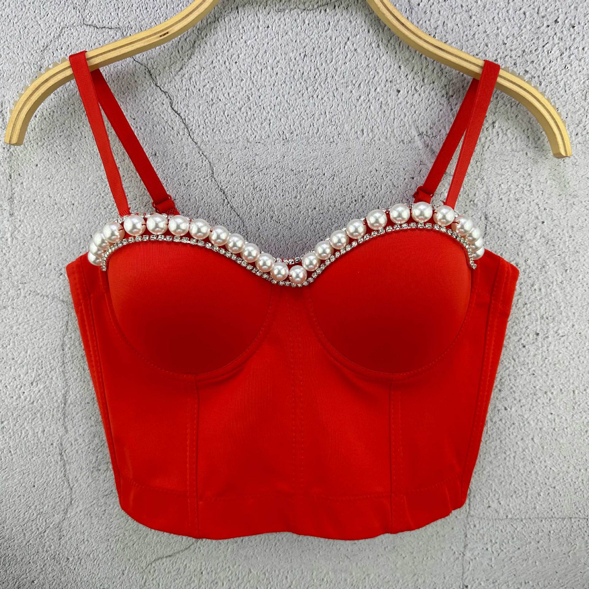 

Літній Міцний Топ-бандо з бісерним ланцюжком, Без бретелей, з кісточками, Жіночий верхній одяг, Модні майки та топи 38/85 червоний