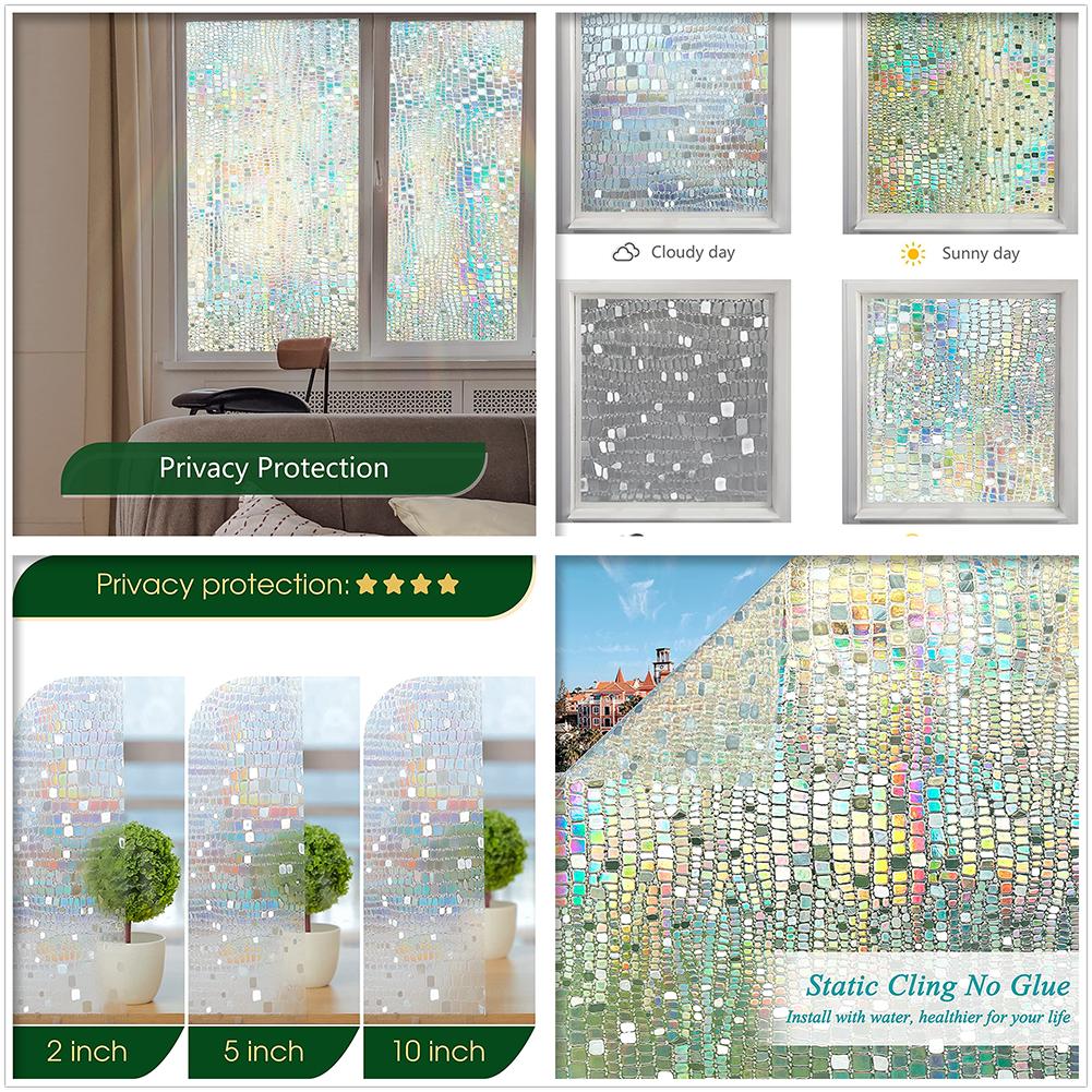 Window Privacy Film Rainbow Window Clings 3D Decorative Vinyl Stained Glass Window Decal Static Cling Sticker Non-Adhesive