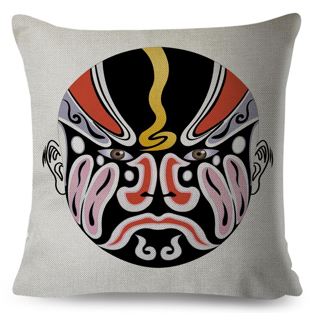 Chinese Opera Mask Pillow Xcm Original Artistic Illustration Vibrant Traditional Colors Woven Fabric Cover