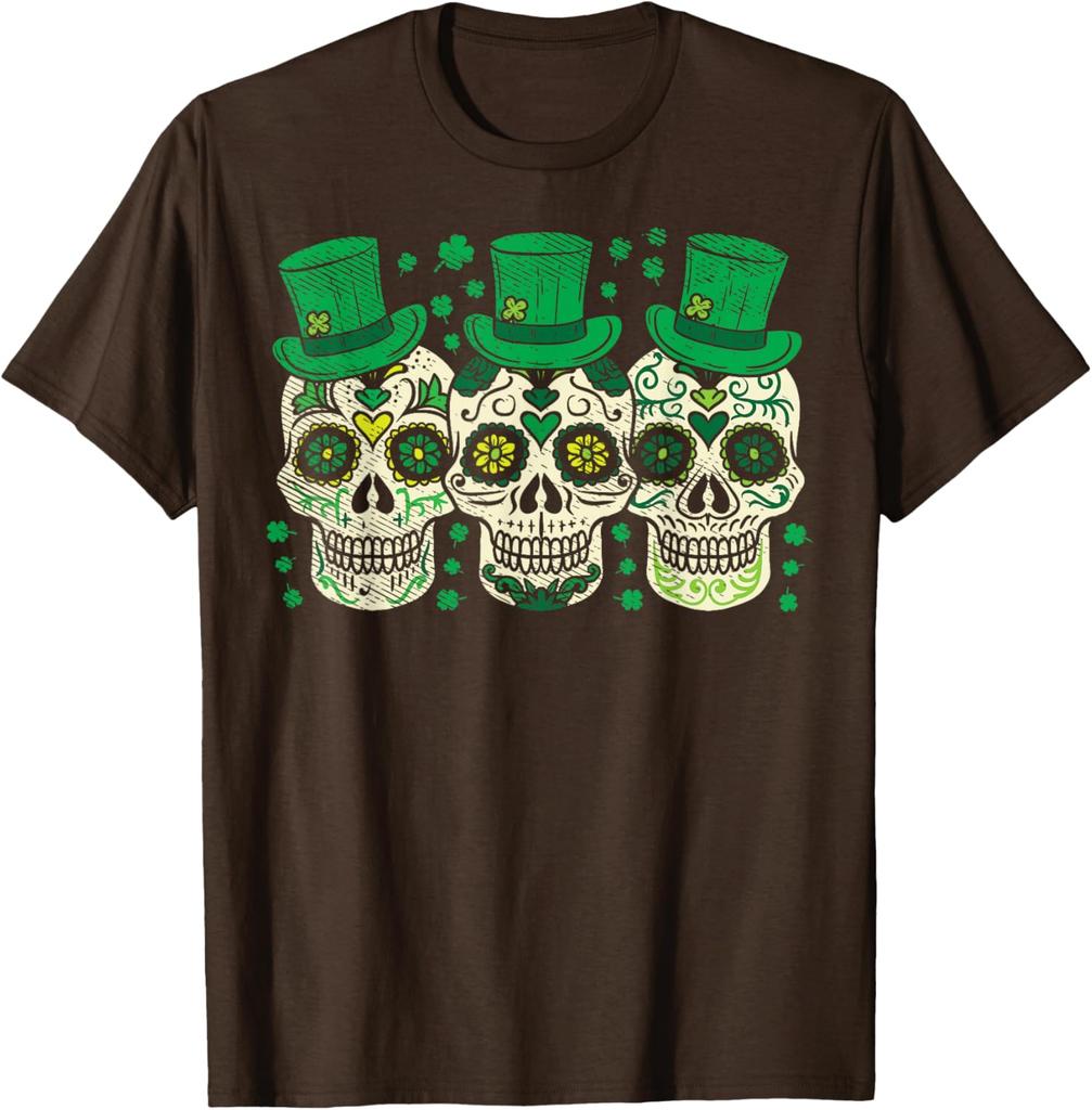 Irish Sugar Skull Leprechaun St Patricks Day Graphic Tee Men Casual Cotton T-Shirt