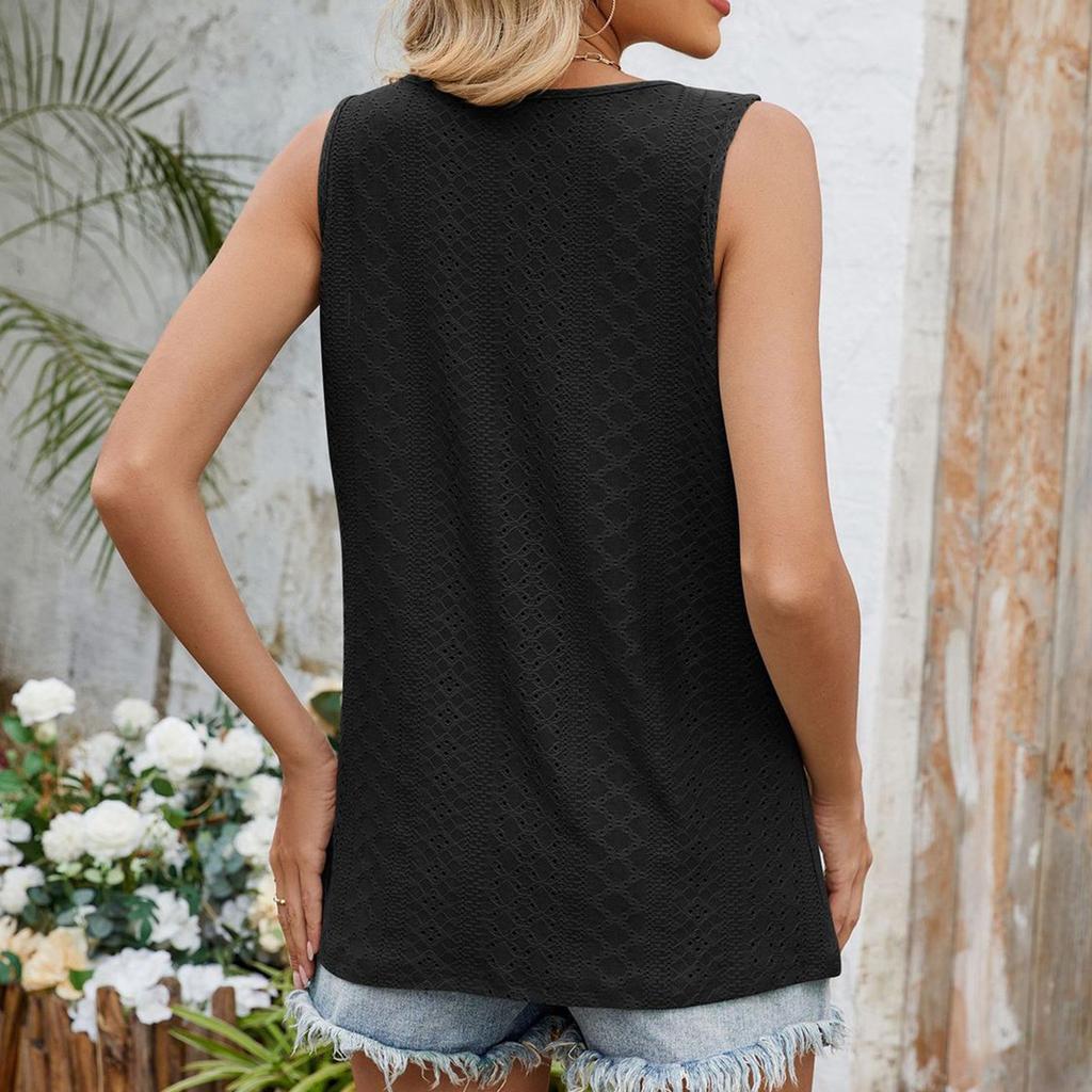 Fashion Round Neck Hollow Pleated Vest Sleeveless T-shirt Top For Women