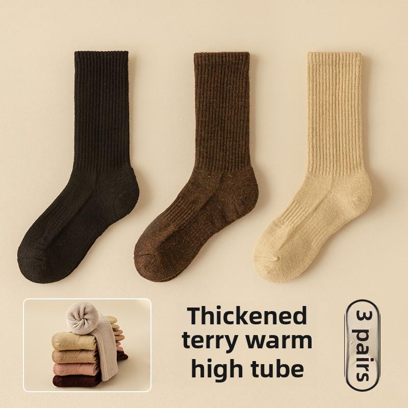 3 Pairs of Girls Autumn and Winter Thick Wool Ring High Rubber Heat Insulation High Drum Wool Sports Socks