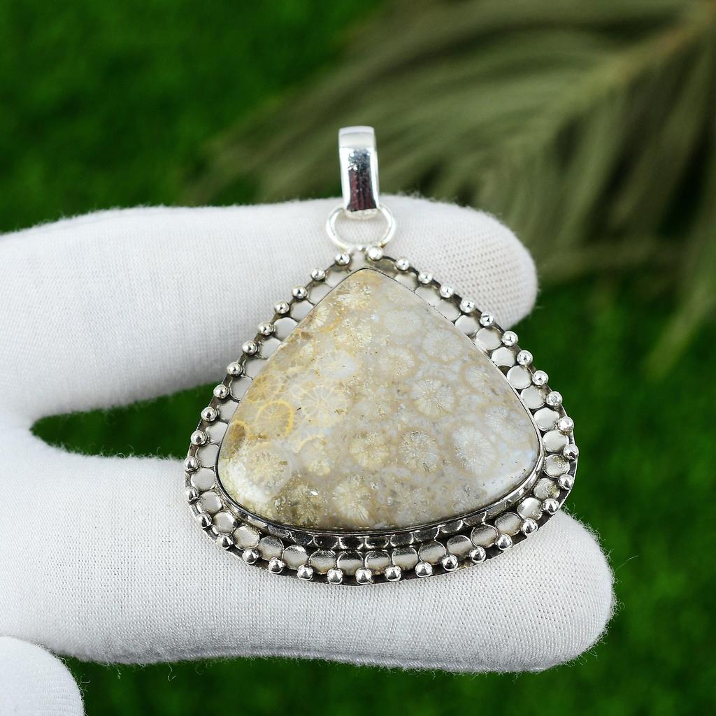 Natural Fossil Coral Gemstone Pendant Gray 925 Sterling Silver Indian Jewelry