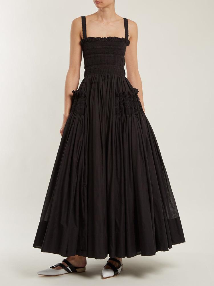 French Retro White Spaghetti Strap Backless Ruffled Slimming Maxi Dress