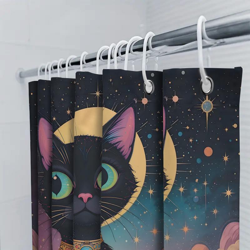 Katze Duschvorhang Wandkunst Badezimmer Dekor Weltraum Druck Cartoon Blauer Mondauge Heimdekoration Wasserdichtes Gewebe