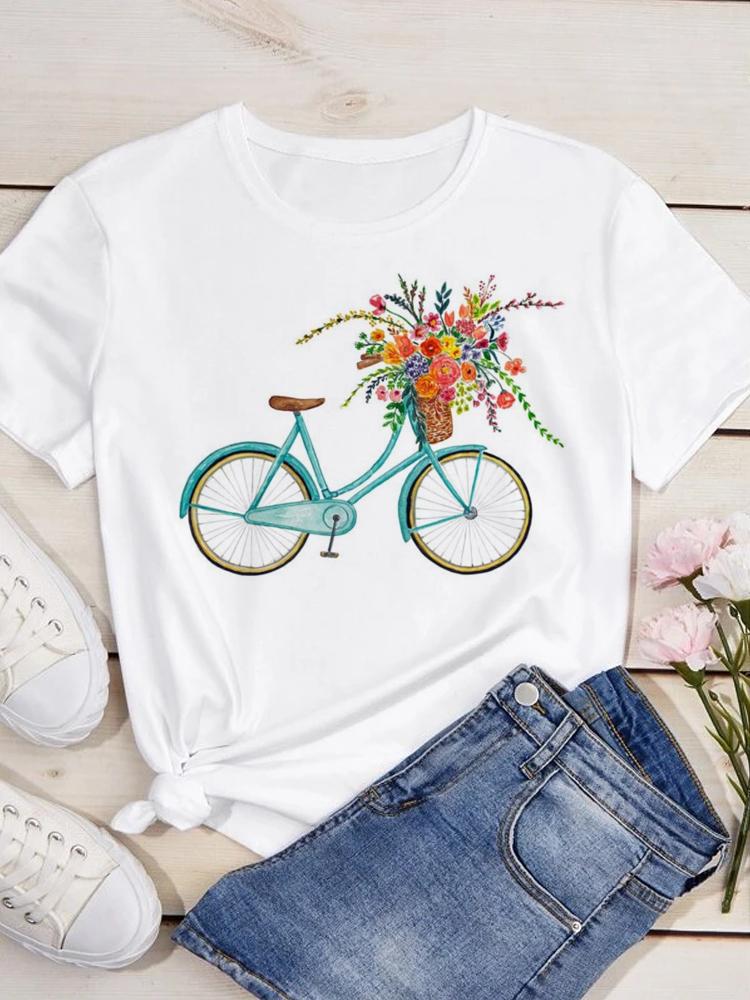 Maycaur Women Fashion Casual Tops Flower Bicycle Print TShirt Women T Shirt O Neck Short Sleeve Tees Summer Women Tshirts
