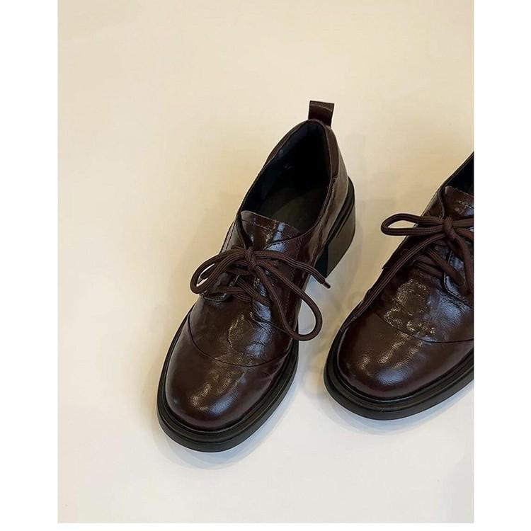 Cowhide Version~ Platform Small Leather Shoes Women's British Style Lace-up Single Shoes Black High Heels Thick Heel College Style Loafers