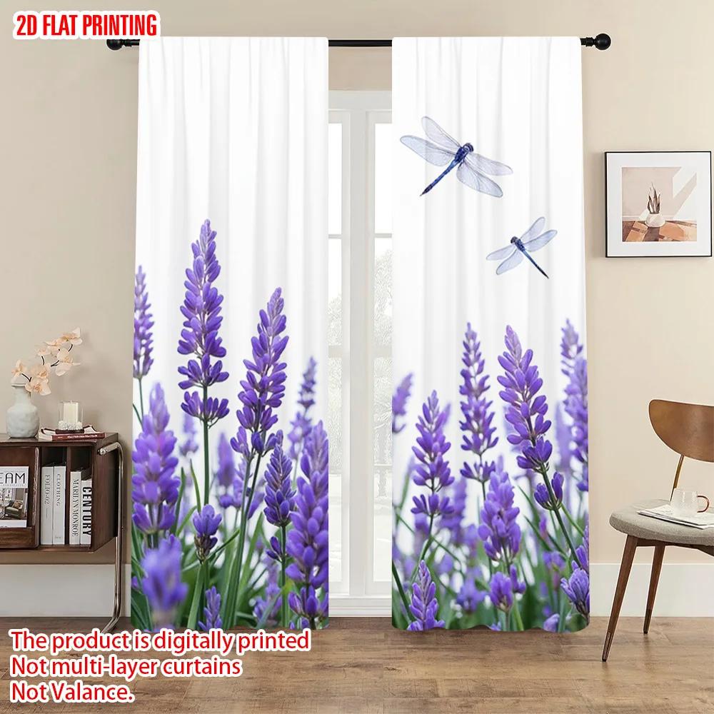 2pc  2D plane printing Light Filtering Curtains Lavender and Butterflies Versatile Durable Polyester (without rod) Decorations