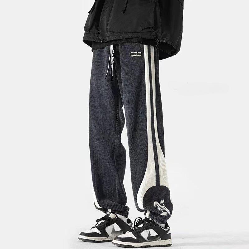 Men's Autumn Corduroy Contrast Color Sweatpants Vintage Warm Track Pants Streetwear Loose Casual Stripe Trousers