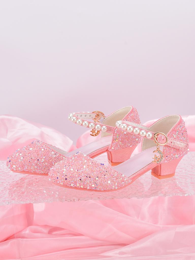 Sapatos de Salto Alto Estilo Princesa para Meninas Com Decoração de Pingente de Estrela Brilhante, Adequados Para Vestido e Festa de Aniversário
