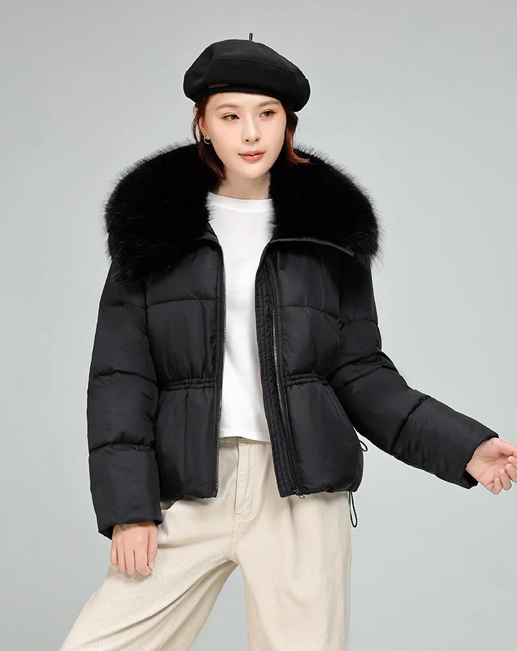 Women’s Short Big Fur Lapel Drawstring Warm Winter Jacket