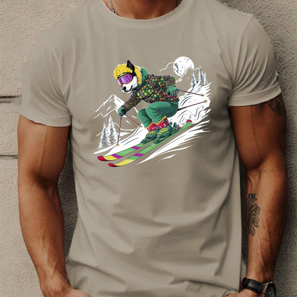Cool Fox Skiing Graphic Tee Mens Casual Crew Neck Short Sleeve T Shirt Breathable Summer Top
