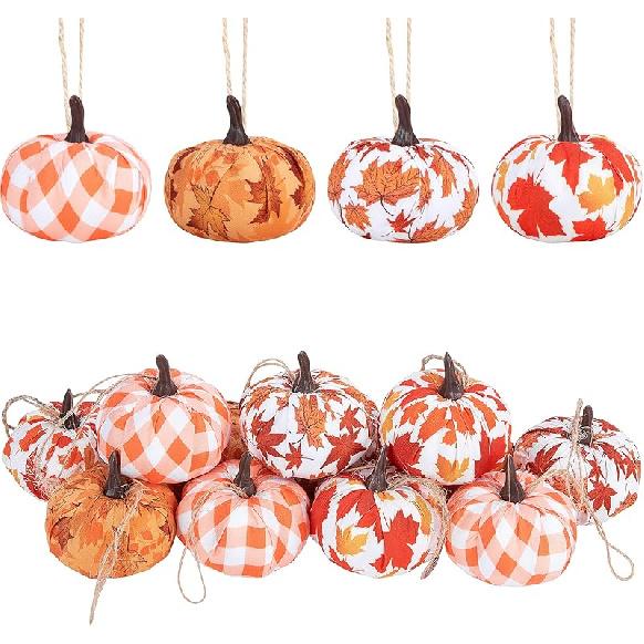 Wehhbtye 12PCS Fall Thanksgiving Pumpkin Hanging Ornaments-Maple Leaf Plaid Fabric Wrapped Pumpkin Shaped Ornament,Orange White Buffalo Pumpkin Ball Maple Leaf Plaid