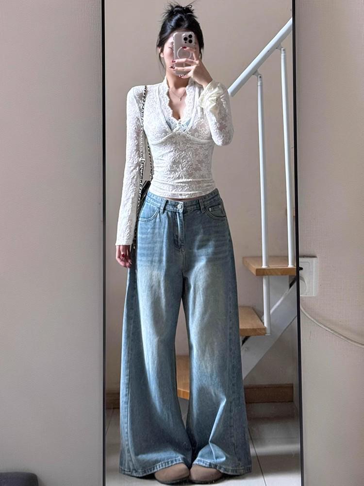 

Элегантный белый кружевной топ с V-образным вырезом, стройнящий, для женщин - незаменимые вещи для осени/зимы Large белый