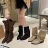Two-Way Wear Faux Suede Long Riding Boots Western Cowboy Boots V-Notch Adult Women's Shoes PU Leather Cotton Lined Mid-Calf Boot